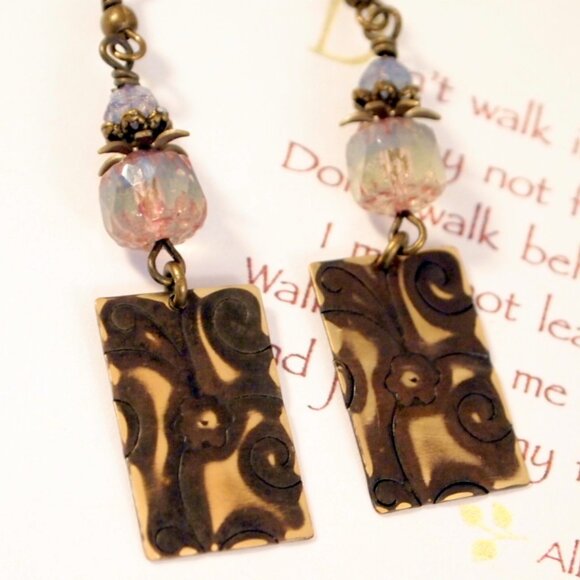 Brass Hand Embossed Earrings Czech Glass Earrings Hand Patina Brass Earrings - Picture 3 of 11